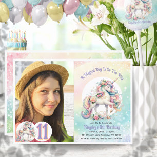 11th Eleventh Unicorn Photo Birthday Party Rainbow Invitation
