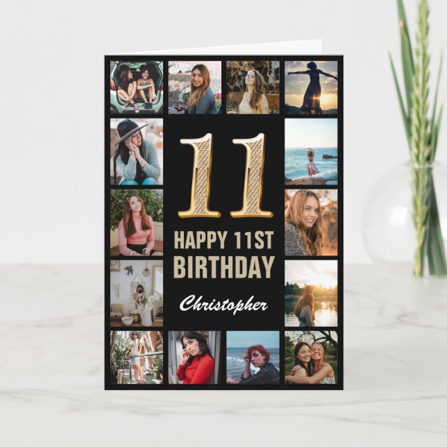 11th Happy Birthday Black and Gold Photo Collage Card (Front)