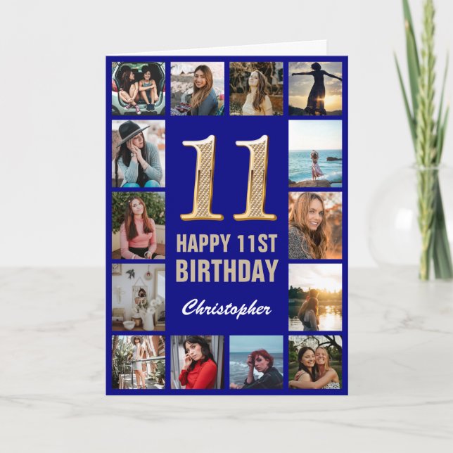 11th Happy Birthday Navy Blue & Gold Photo Collage Card (Front)