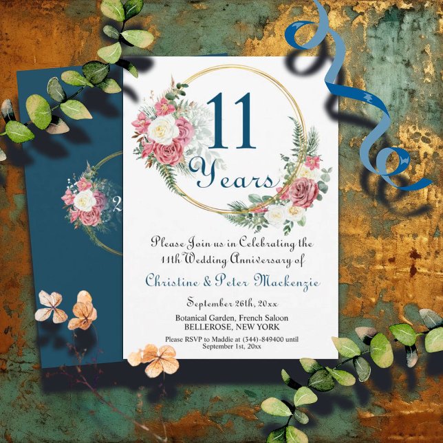 11th Steel Wedding Anniversary Roses Gold Frame Invitation (Creator Uploaded)