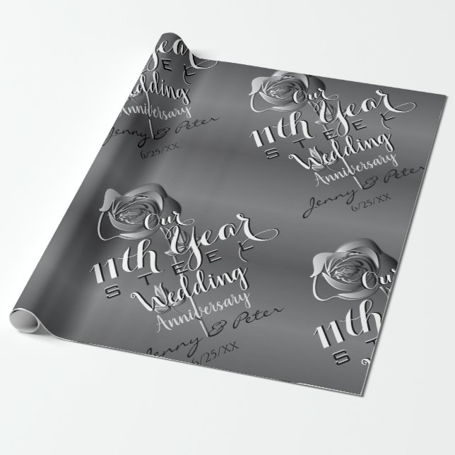 11th Wedding Anniversary Steel Rose Wrapping Paper (Unrolled)