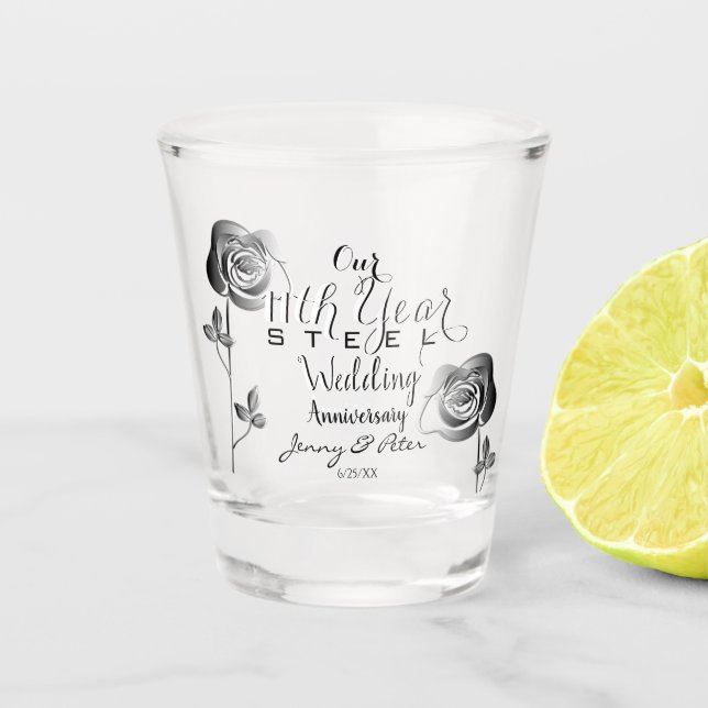 11th Wedding Anniversary w/Steel Roses Shot Glass (Front)