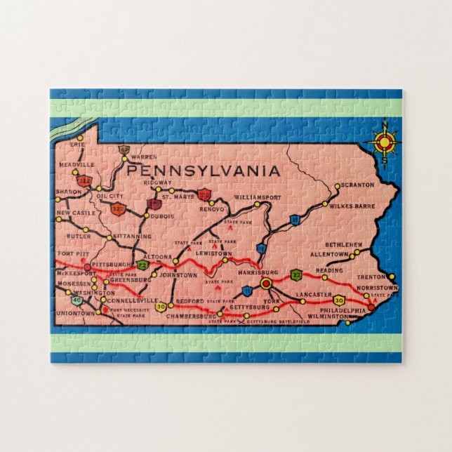 11x14  Vintage Pennsylvania Map  Jigsaw Puzzle (Horizontal)