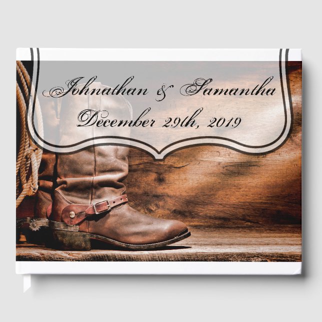 122 Page Wedding Guestbook Cowboy Boots Barn Wood (Front)