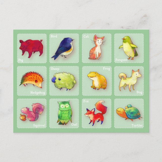 12 Animaux Carte postale (personnalisable) -horizo (Devant)