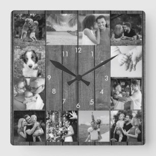 12 Black and White Photo Collage Rustic Wood Square Wall Clock