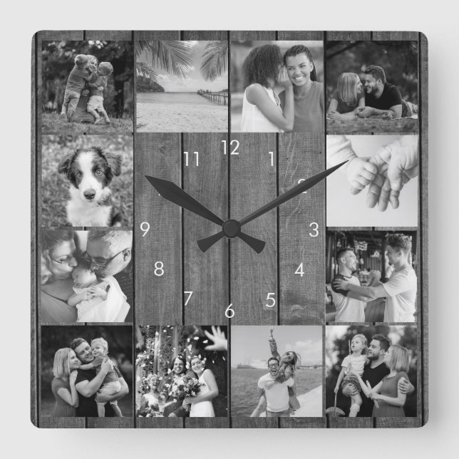 12 Black and White Photo Collage Rustic Wood  Square Wall Clock (Front)