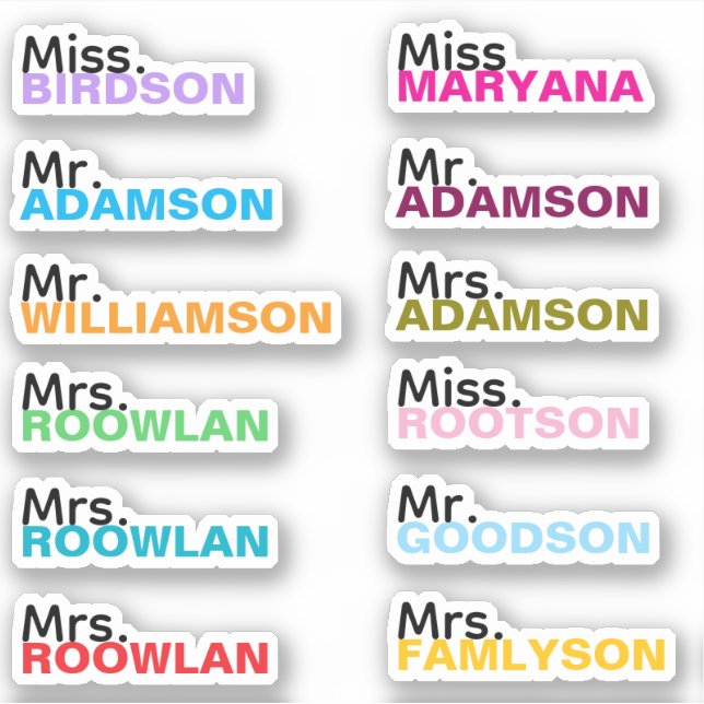 (12 Colourful Pack) Custom Teacher Name Stickers (Front)