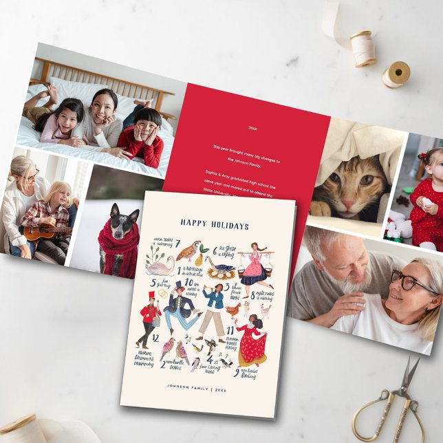12 days Christmas Red Classic Photo Holiday Tri-Fold Invitation (12 Days of Christmas Traditional Classic Photo Greeting Card)