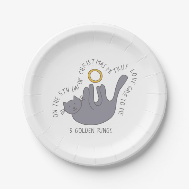 12 Days of Catmas 5 Golden Rings Christmas Paper Plate (Front)
