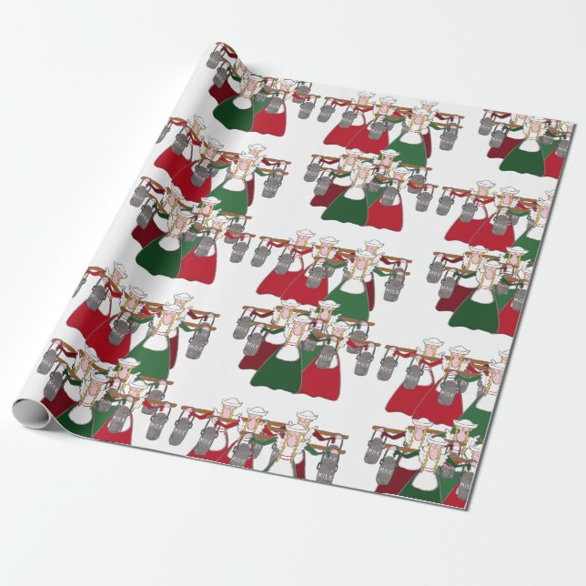 12 Days of Christmas 8 Maids A-Milking Wrapping Paper (Unrolled)