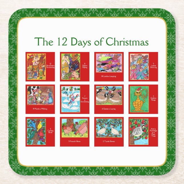 12 Days of Christmas Cute Animal Menagerie Square Paper Coaster (Front)