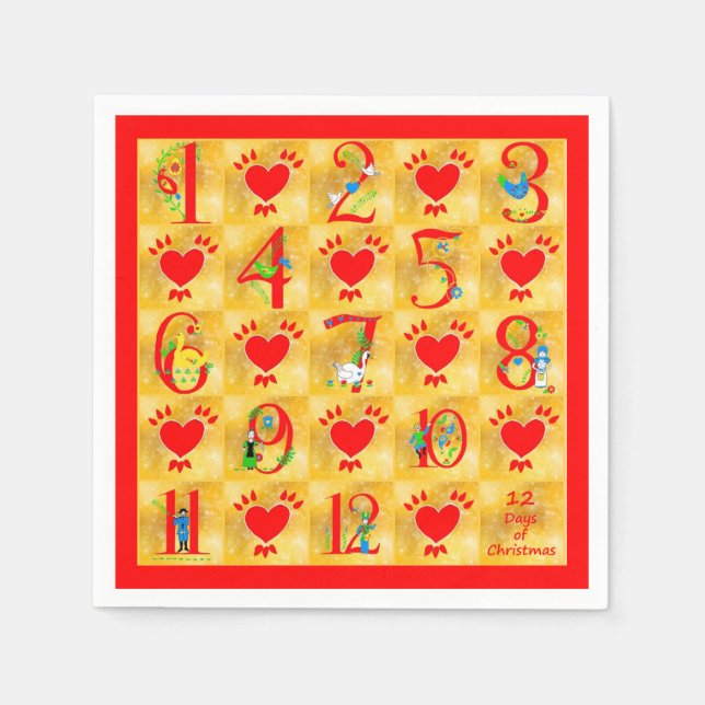12 Days of Christmas Folk Art with Hearts on Gold Napkin (Front)