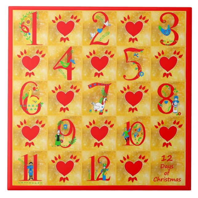 12 Days of Christmas Folk Art with Hearts on Gold Tile (Front)