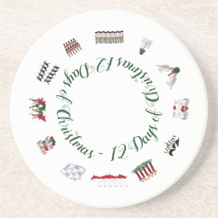 12 Days of Christmas in a Circle of Red and Green Coaster