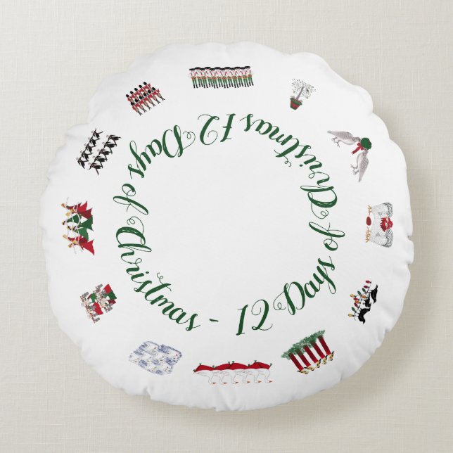 12 Days of Christmas in a Circle of Red and Green  Round Pillow (Front)