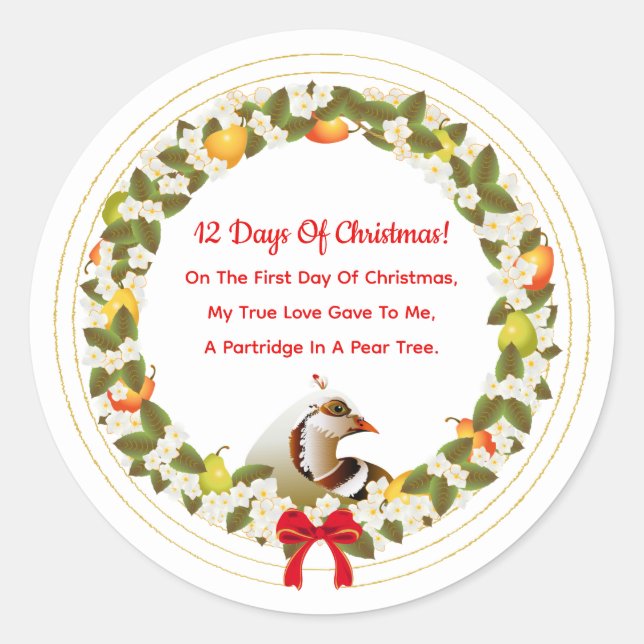 12 Days of Christmas Partridge In A Pear Tree Classic Round Sticker (Front)