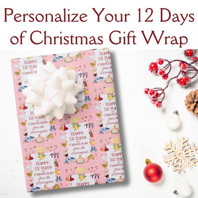 12 Days of Christmas Pastel Pink Personalized  Wrapping Paper Sheet (This cute pastel pink holiday gift wrap features images from "The 12 Days of Christmas.")