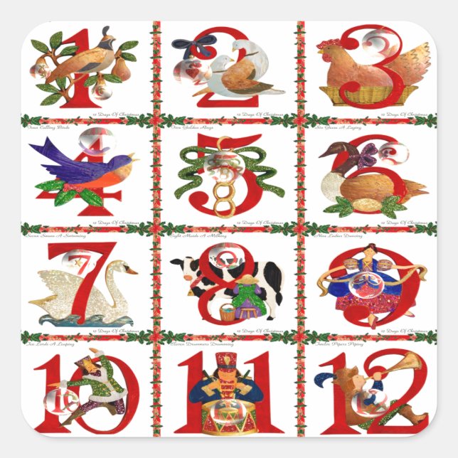 12 Days Of Christmas Quilt Print Gifts Square Sticker (Front)