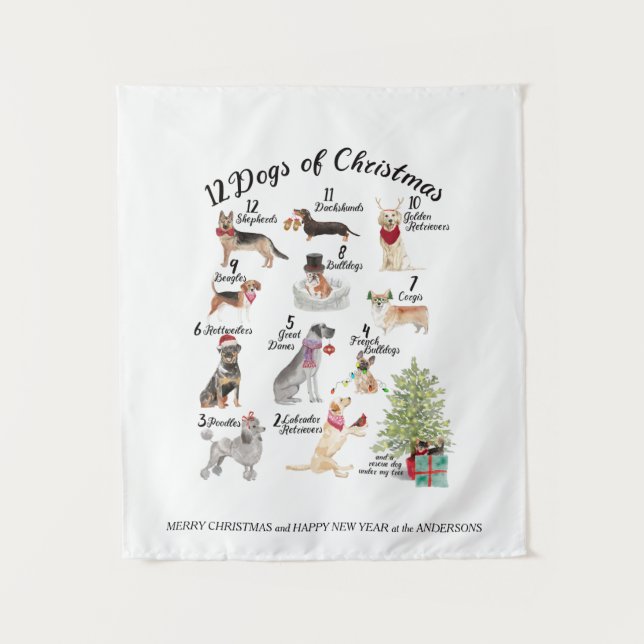 12 Dogs of Christmas  Holiday Hats, Scarves, Bows Tapestry (Front)