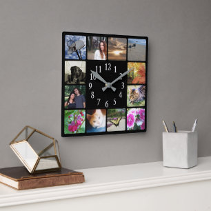 12 Family Multi Photo Collage Square Black Modern Square Wall Clock
