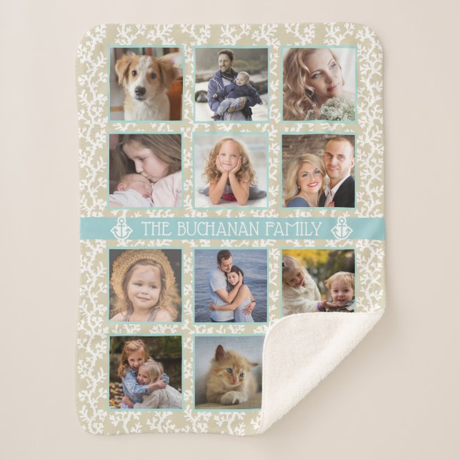 12 Family Photo Collage Beach Coral Nautical Easy Sherpa Blanket (Front)