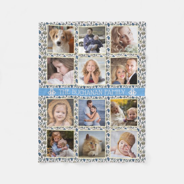 12 Family Photo Collage Beach Shells Nautical Easy Fleece Blanket (Front)