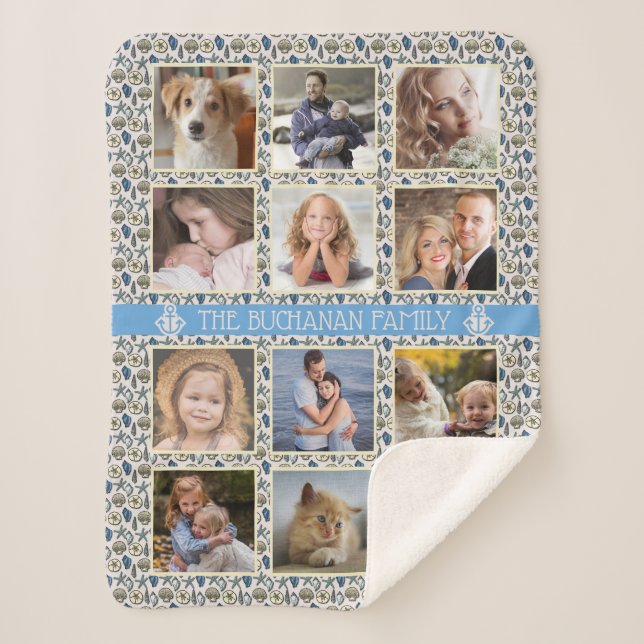 12 Family Photo Collage Beach Shells Nautical Easy Sherpa Blanket (Front)