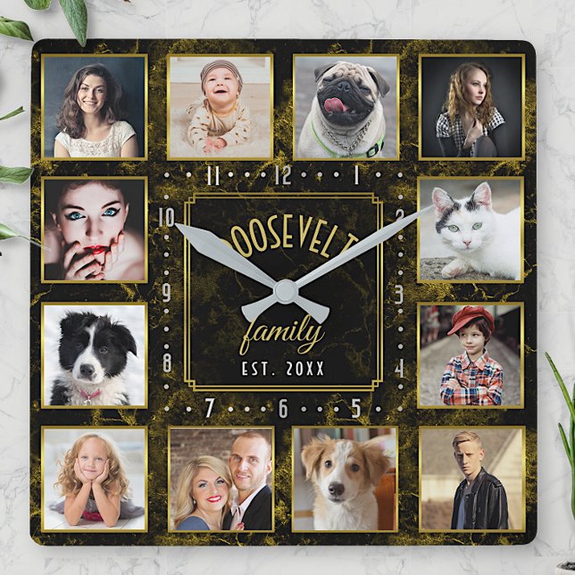 12 Family Photo Collage Black Gold Marble Custom Square Wall Clock (Creator Uploaded)