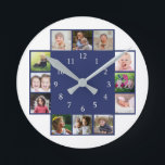 12 Family Photo Collage Create Your Own Blue Round Clock<br><div class="desc">Create your own photo collage wall clock with 12 of your favorite pictures. The photo frame clock  helps you treasure your special moments and also makes a thoughtful gift for parents, grandparents and friends. The personalized family clock makes an unique gift for all occasions.</div>