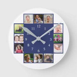 12 Family Photo Collage Create Your Own Blue Round Clock