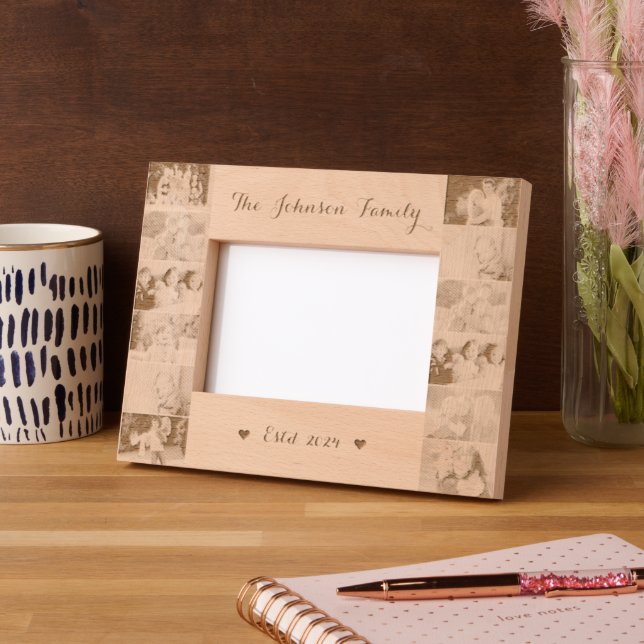 12 Family Photo Collage Monogrammed Wooden Laser Etched Frames (Left)