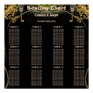 12 Halloween Wedding Tables Black & Gold Skulls Poster