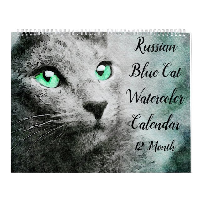 12 Month Gorgeous Russian Blue Cat Watercolor Art Calendar (Cover)