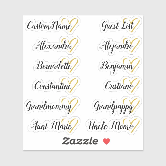 12 Names Custom Guest List Calligraphy Gold Heart (Sheet)
