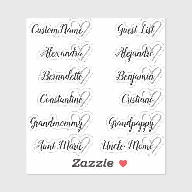 12 Names Custom Guest List Calligraphy Grey Heart (Sheet)