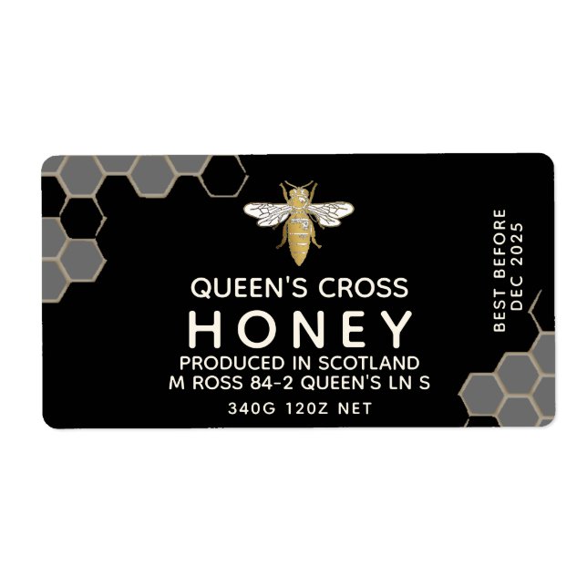 12 oz Honey Hex Jar Étiquette nid d'abeille & Quee (Devant)