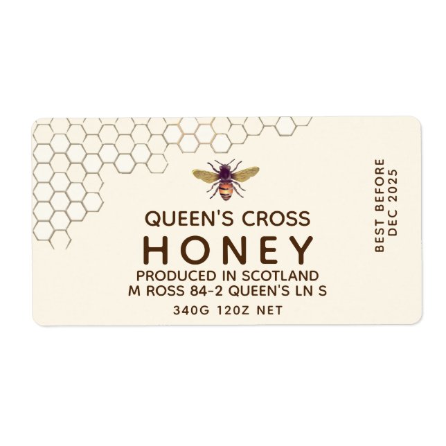 12 oz Honey Hex Jar Label with honeycomb and bee (Front)