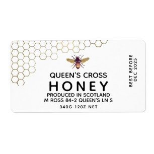 12 oz Honey Hex Jar Label with honeycomb and bee