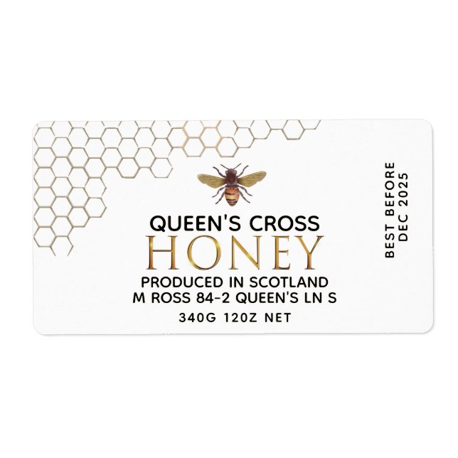 12 oz Honey Hex Jar Label with honeycomb and bee (Front)