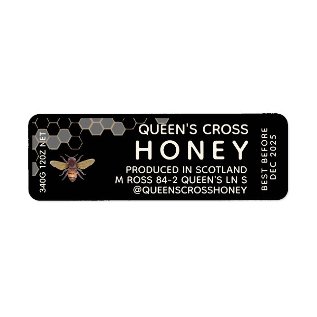 12 oz Honey Hex Jar Label with honeycomb and bee (Front)
