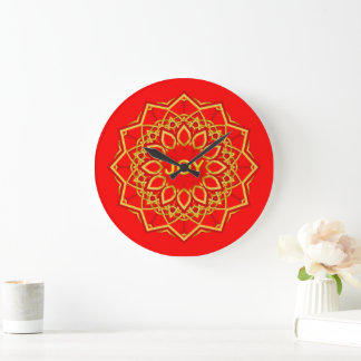 12 Petal Gold Colour Mandala Flower on Red  Large Clock