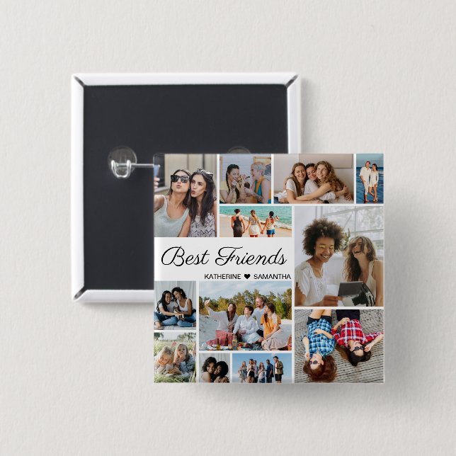 12 Photo Collage Best Friends Forever 2 Inch Square Button (Front & Back)