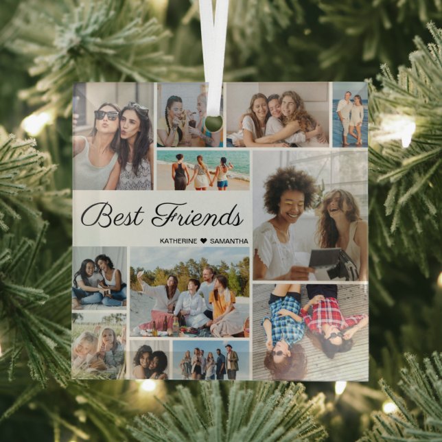 12 Photo Collage Best Friends Forever  Glass Ornament (Insitu)