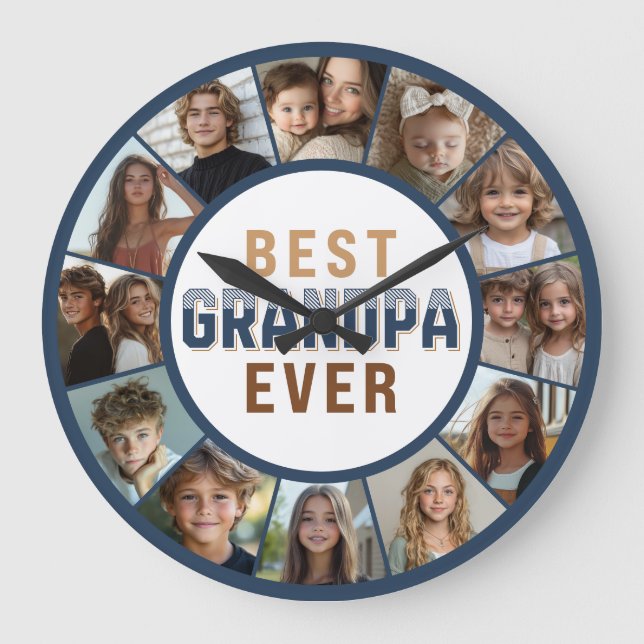 12 Photo Collage Best Grandpa Ever Large Clock (Front)