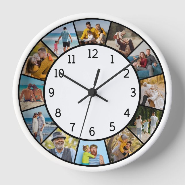 12 Photo Collage Black & White Family & Friends  Clock (Front)