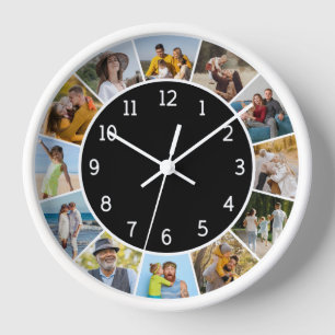 12 Photo Collage Black & White Family & Friends Clock