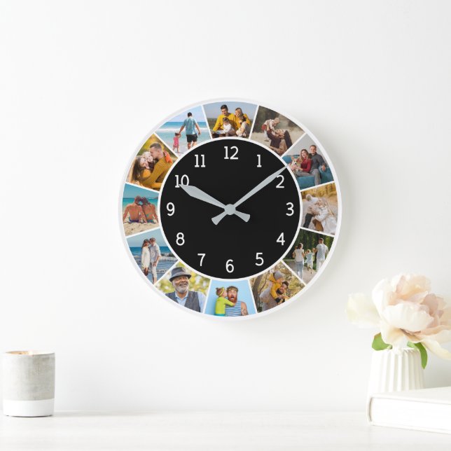 12 Photo Collage Black & White Family & Friends   Large Clock (Home)