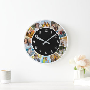 12 Photo Collage Black & White Family & Friends   Large Clock