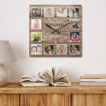12 Photo Collage Blessed Family Quote Rustic Wood Square Wall Clock<br><div class="desc">Create your own photo collage wall clock with 12 of your favourite pictures. The photo frame clock helps you treasure your special moments and also makes a thoughtful gift for parents, grandparents and friends. The personalized family clock makes it a perfect gift for all occasions. Personalize with family name and...</div>